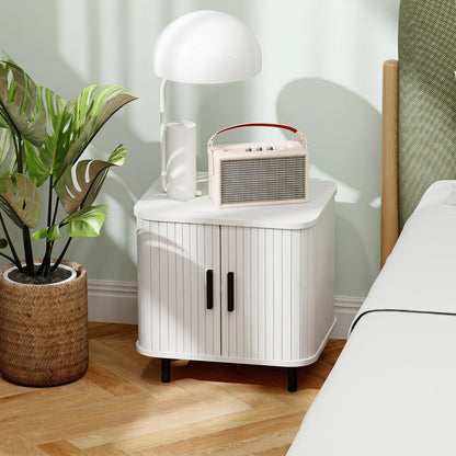 Nordic Bedside Table | Roller Shutter Sliding Doors | 2-Tier Storage | Steel Legs | Scratch-Resistant Melamine | 90kg Capacity | 48 x 40 x 48cm | White Wood Effect
