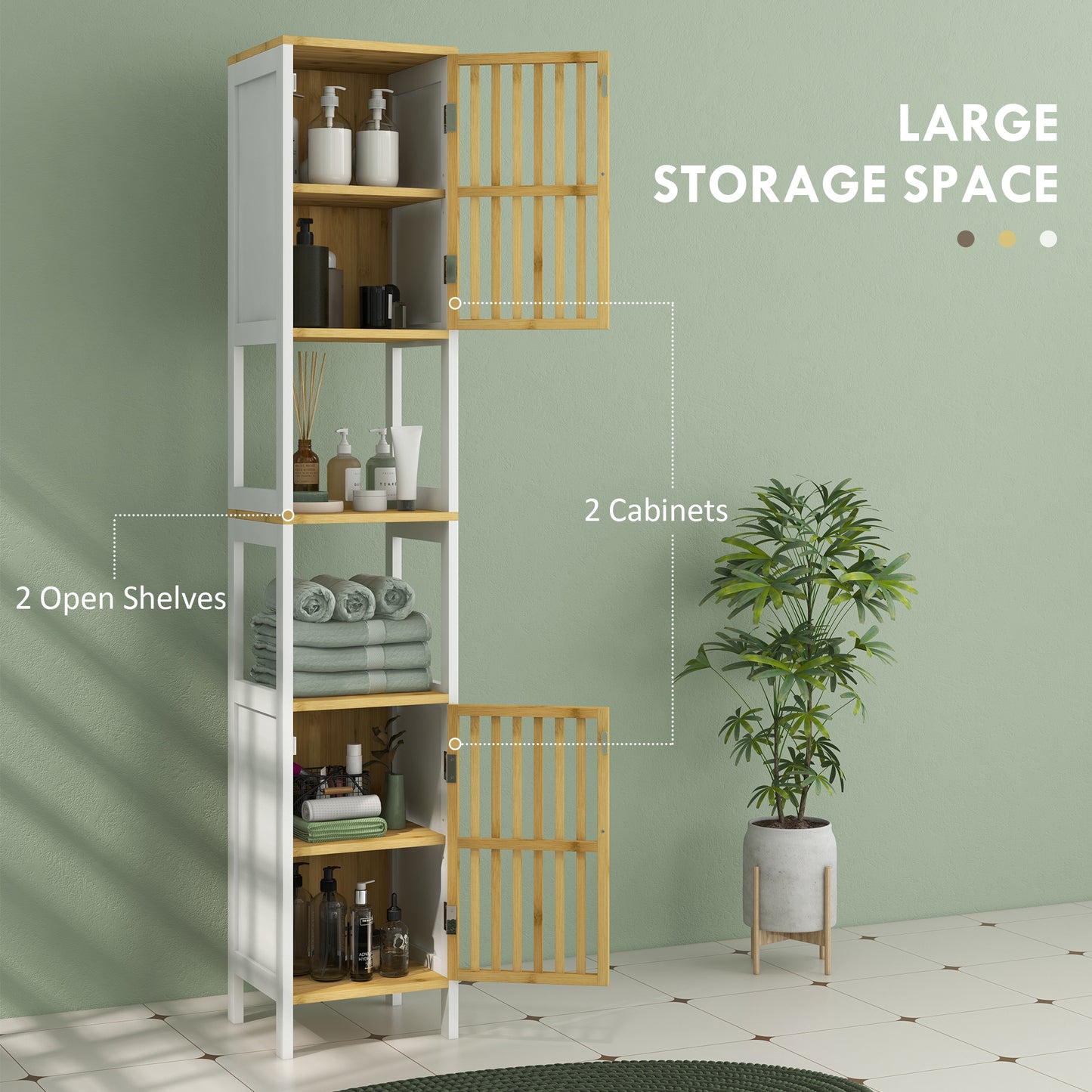 Bamboo-Blend Retro Vintage Style Cut-Out Tall Bathroom Storage Unit