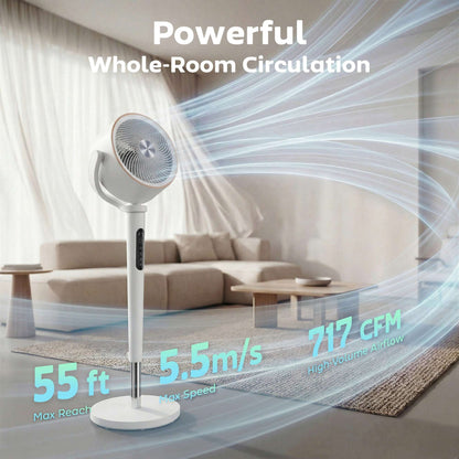 BLDC Pedestal Air Circulator Fan | 20dB Sleep Mode | 717 CFM | 12 Speeds | 3D Oscillation 70°+90° | Night Light & Aromatherapy | Washable Grill | 5m Remote | 12H Timer | 50W | 116.5cm | White