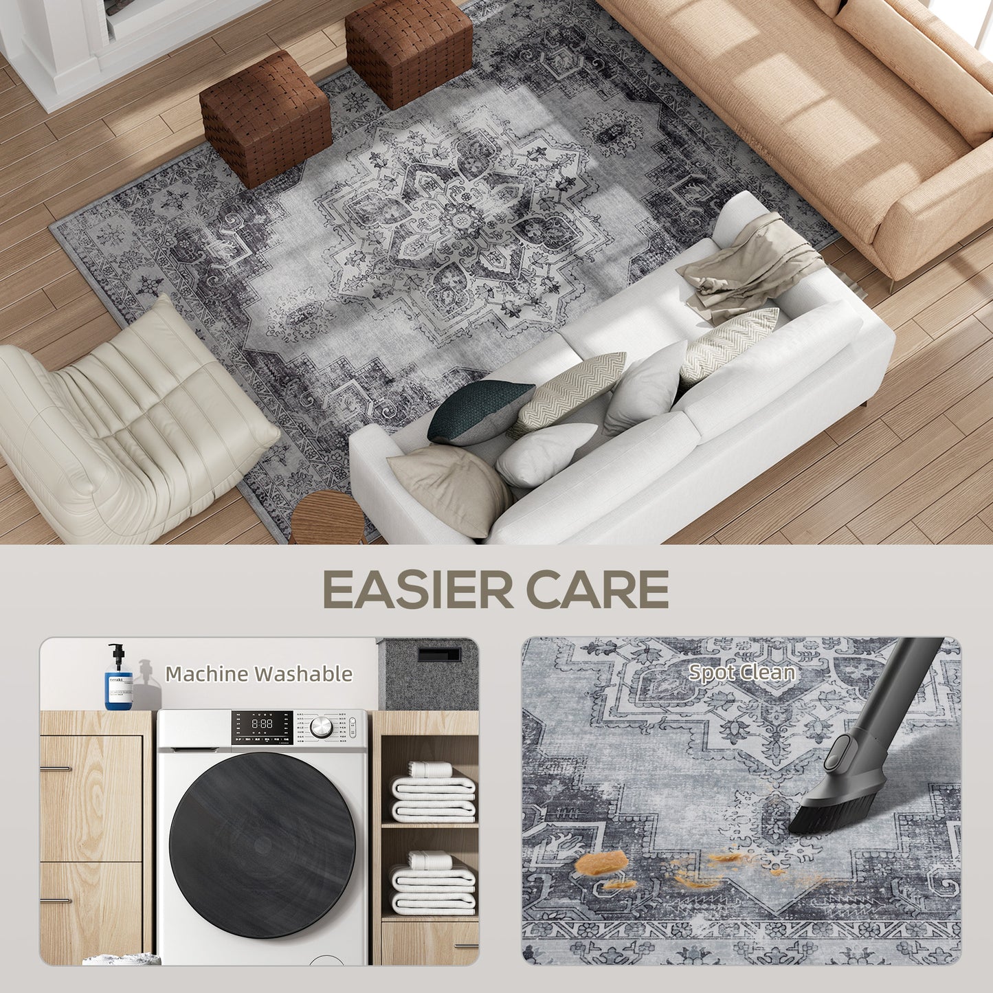 Vintage Floral Area Rug | Machine Washable | Soft Flannel 100% Polyester | TPR Non-Slip Backing | Foldable | 290x200cm | Grey | Living Room Bedroom Dining Room Home Office