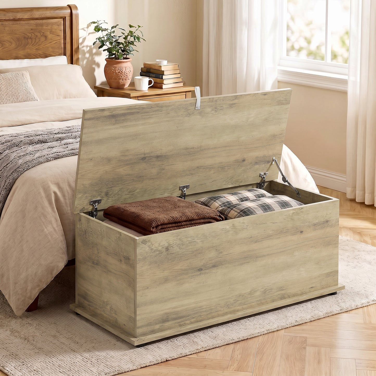 Large 114L Storage Chest Bench | 120kg Lid Capacity | Safety Lid | Grey Wood Effect | Bedroom, Hallway & Living Room | 100 x 40 x 40cm