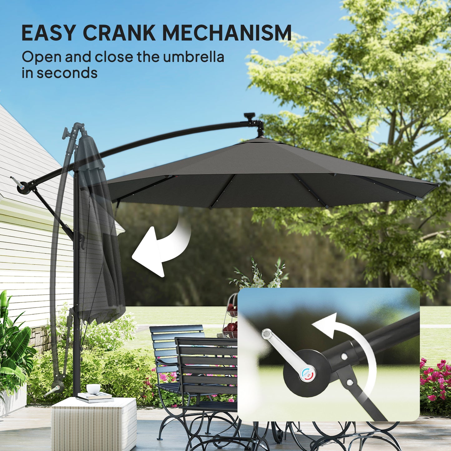 3m Cantilever Parasol with 32 Solar LED Lights | 295cm Canopy | 8 Metal Ribs | Crank Lift | Water-Repellent | 2 Wind Ropes | Cross Base & Cover Included | Black