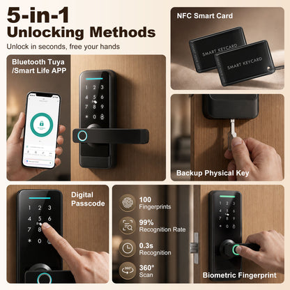 Smart Door Lock | 5-in-1 Entry: Fingerprint / Passcode / NFC Card / Tuya App / Key | Built-in Doorbell | Bluetooth 10m | ADC12 Alloy & Tempered Glass | Copper Cylinder | Door 3.5-6cm | Left & Right Hand | 7.1x19.3x13.4cm | Black