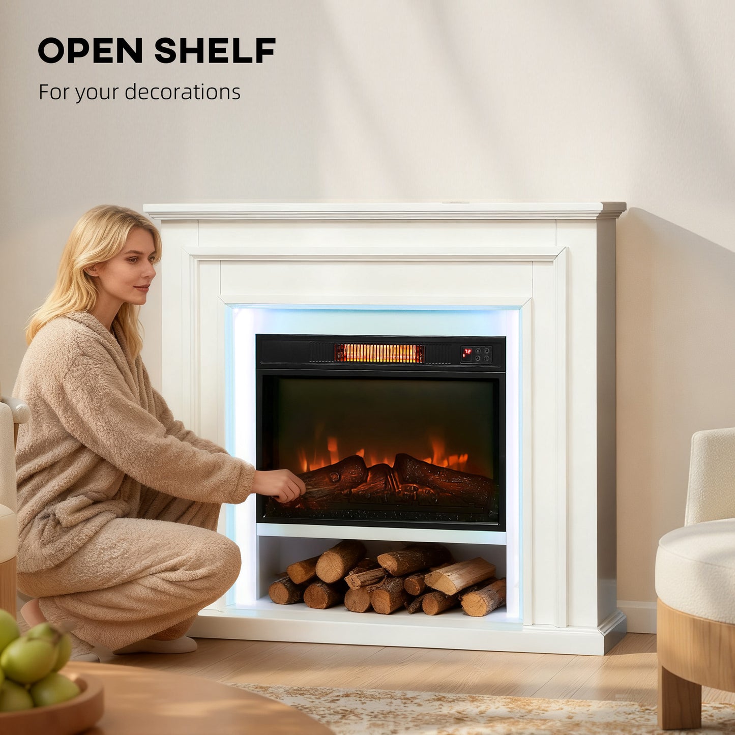 Electric Fireplace with RGB LED Lights, Realistic Flame Effect & 3 Brightness Levels, 1800W Inset Electric Fire and Mantel Reach up to 30 m² Space with Remote & Timer for Living Room, White