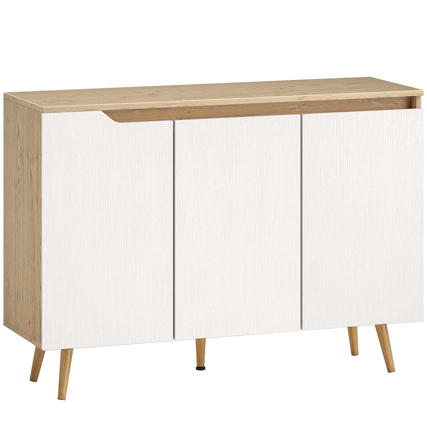 Sideboard Storage Cabinet | 3 Doors | 2 Adjustable Shelves | 5 Rubberwood Legs | Anti-Tip | 80kg | 107x35x76.5cm | White & Oak