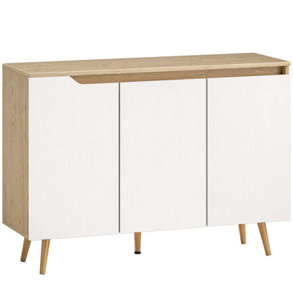 Sideboard Storage Cabinet | 3 Doors | 2 Adjustable Shelves | 5 Rubberwood Legs | Anti-Tip | 80kg | 107x35x76.5cm | White & Oak