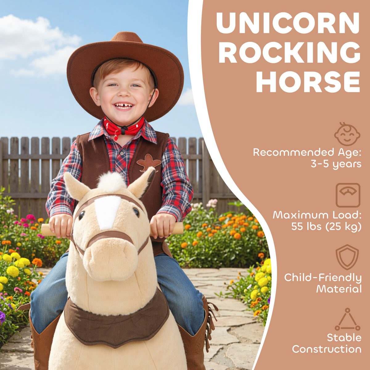 Plush Rocking Horse Ride On Pony | Rolling Wheels | Soft Saddle | No Batteries | Ages 3–5 | 25kg | Brown