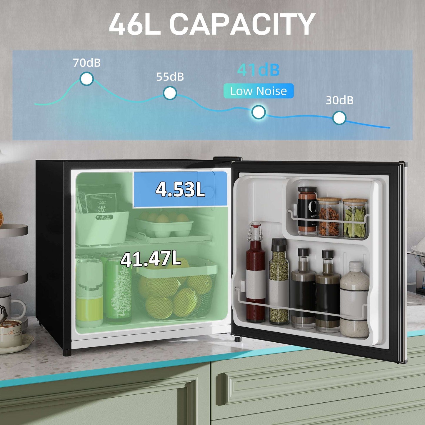 46 Litre Table Top Mini Fridge, Small Fridge with Ice Box, Reversible Door, Adjustable Temperature and Legs for Bedrooms, Home Office