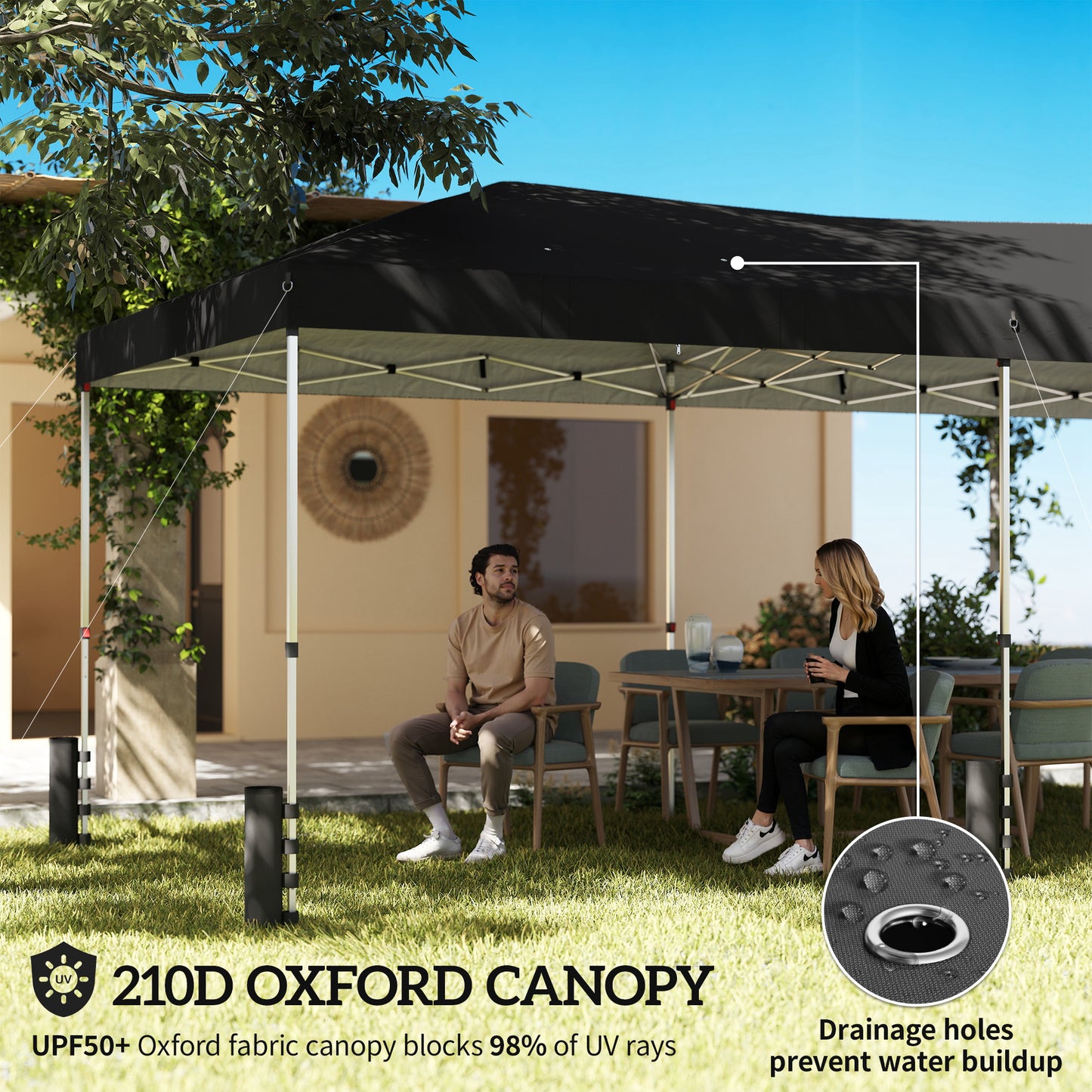 3x6m Pop-Up Canopy Gazebo | 17.5m² Coverage | 210D Silver-Coated UPF50+ Oxford Fabric | 6 Detachable Sidewalls | 3-Level Height Adjustment | 12 Drainage Holes | 18 Stakes & 6 Guy Ropes | Wheeled Carry Bag | Black