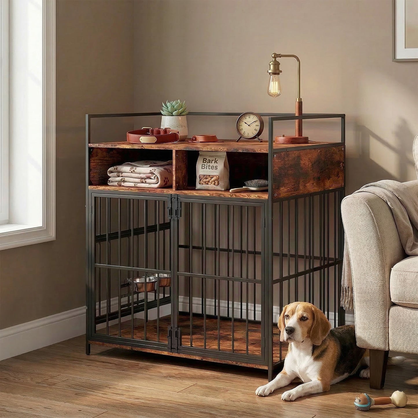 Dog Crate Furniture Side Table | Rotating Feeding Station | Storage Shelf | Double Door Lock | 20kg | Rustic Brown