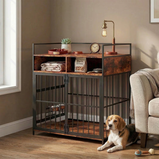 Dog Crate Furniture Side Table | Rotating Feeding Station | Storage Shelf | Double Door Lock | 20kg | Rustic Brown