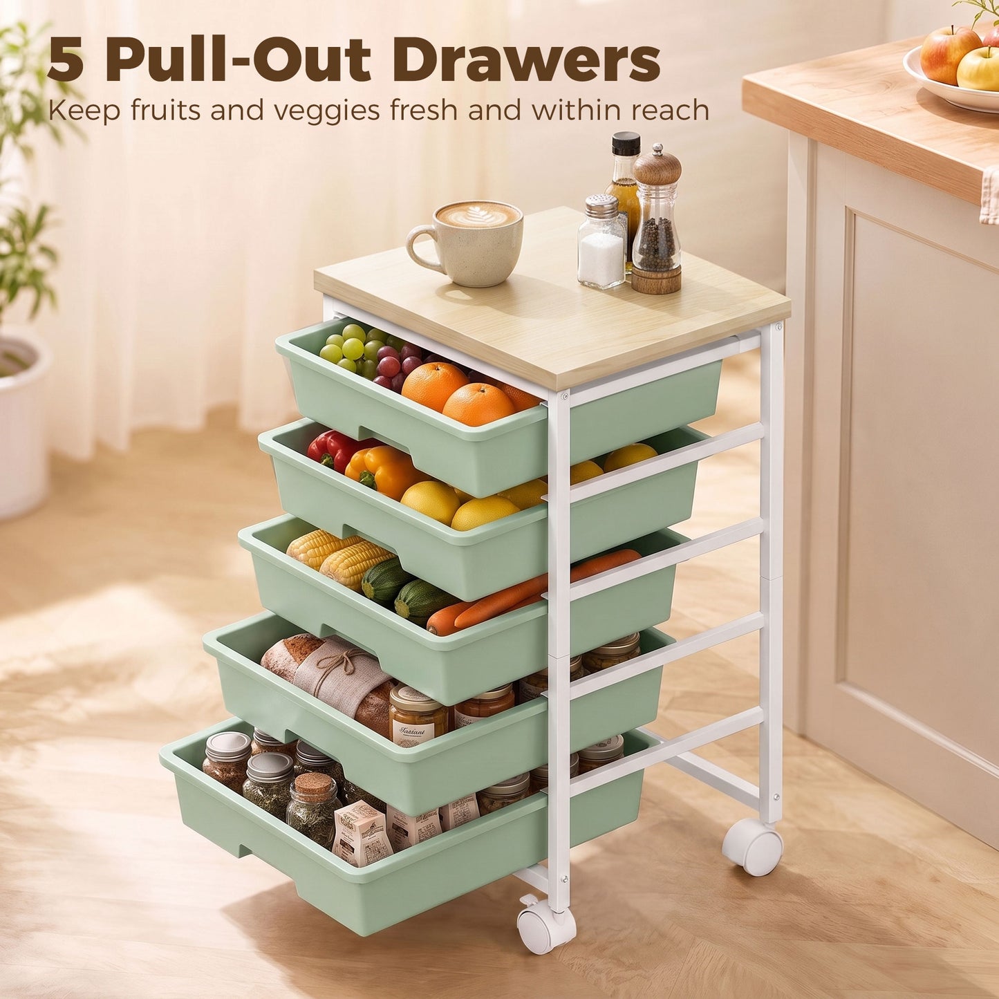 6-Tier Storage Trolley on Wheels | 5 Pull-Out Drawers | Rolling Kitchen Cart | Green