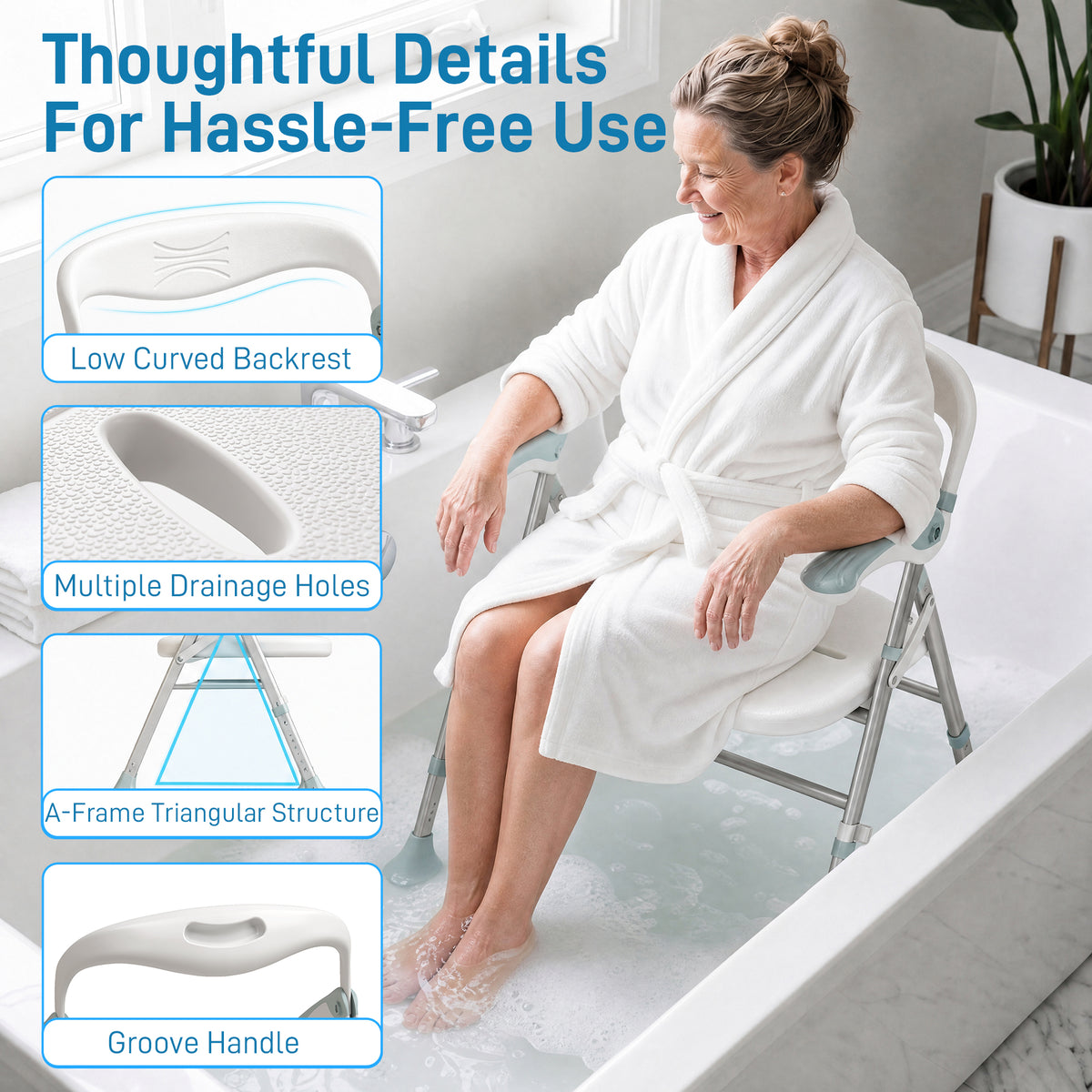 Foldable Shower Chair | Adjustable Height Bathroom Seat with Flip-Up Armrests, 136 kg Capacity | White & Light Green