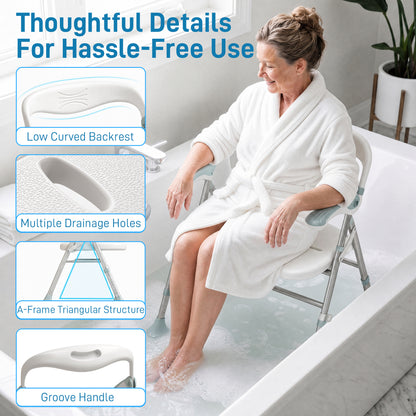 Foldable Shower Chair | Adjustable Height Bathroom Seat with Flip-Up Armrests, 136 kg Capacity | White & Light Green
