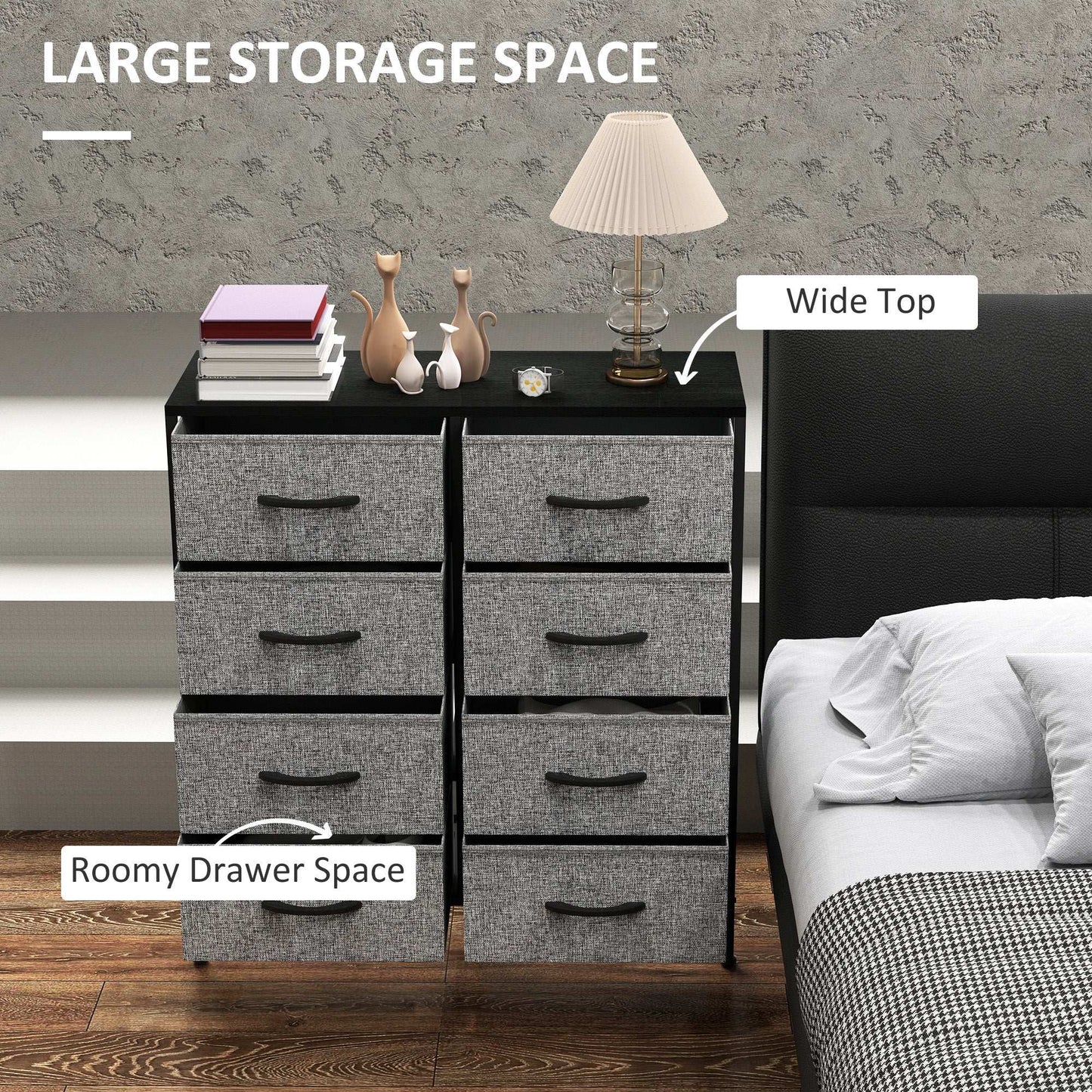 Fabric Chest of Drawers, Storage Bedroom Dresser with 8 Fabric Drawers, Steel Frame and Wooden Top for Nursery, Living Room, Hallway, Black