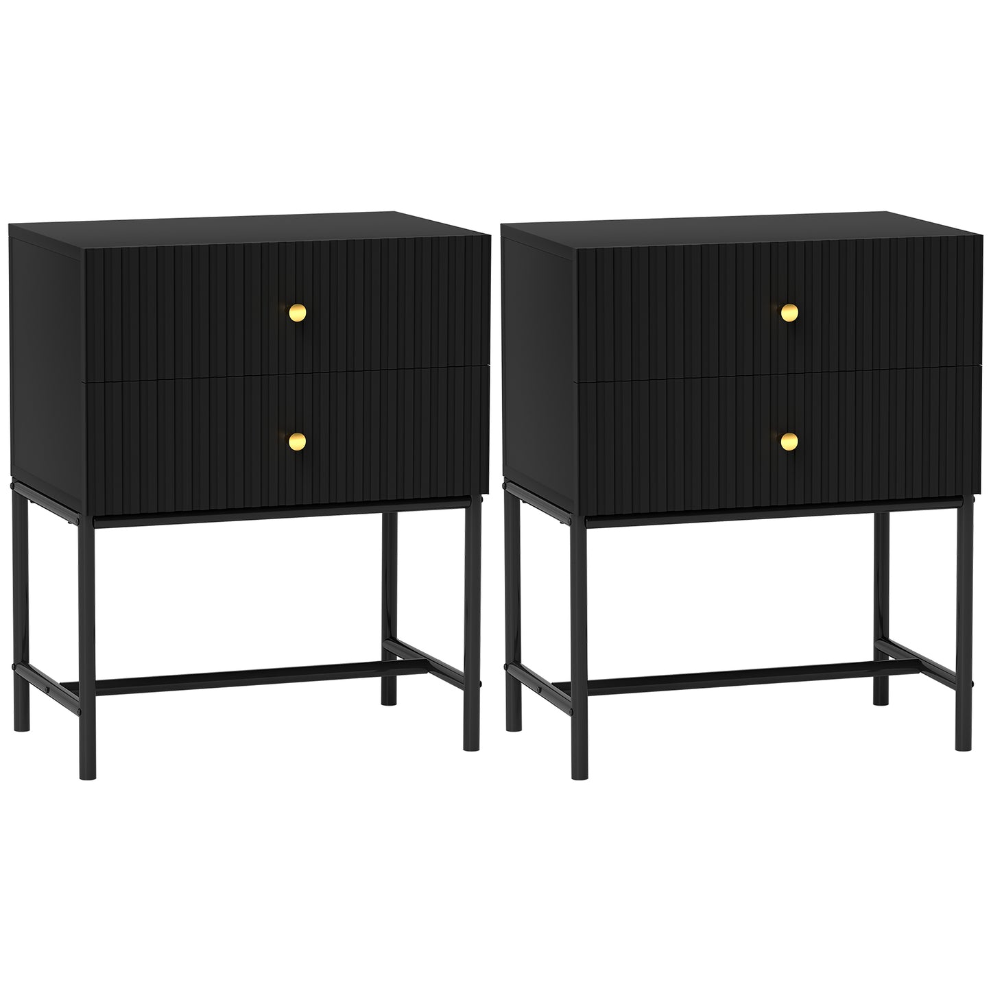 Set of 2 Bedside Tables | Ridged Drawers | Gold Handles | Metal Base | Black | 48x60cm