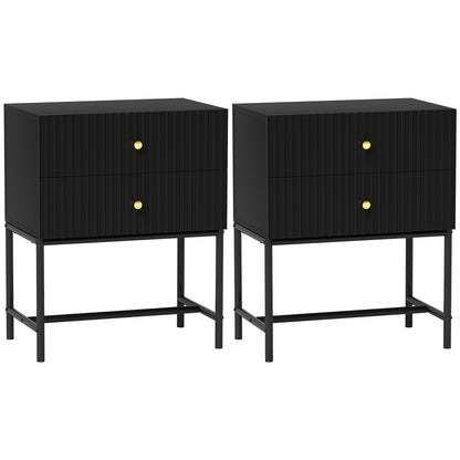 Set of 2 Bedside Tables | Ridged Drawers | Gold Handles | Metal Base | Black | 48x60cm
