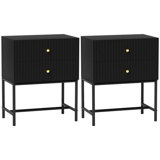 Set of 2 Bedside Tables | Ridged Drawers | Gold Handles | Metal Base | Black | 48x60cm