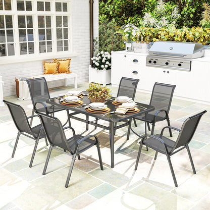 7-Piece Garden Dining Set | 6 Mesh Armchairs & Glass Table | Parasol Hole | 120kg | Charcoal Grey