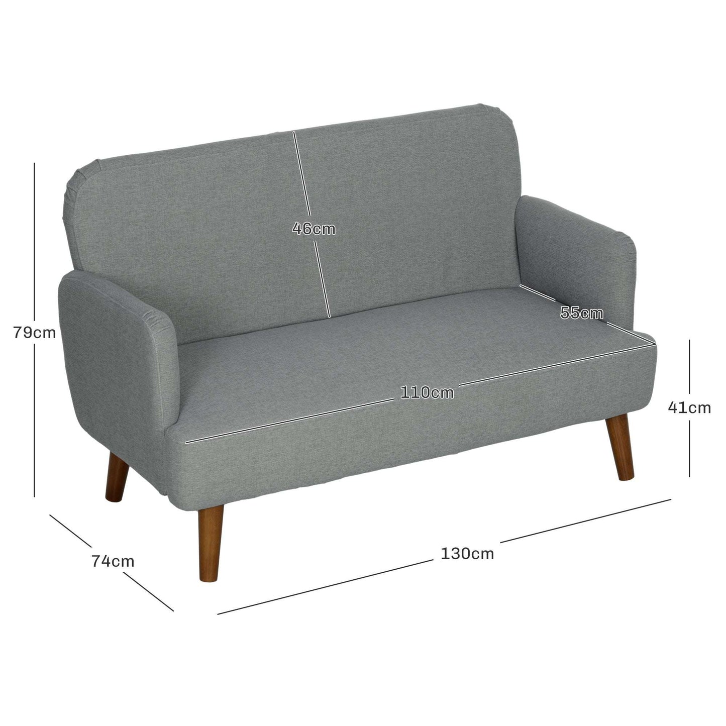 Retro Vintage Style Velvet Feel Fabric 2 Seater Sofa, Small Sofa Loveseat with 21cm Thick Padding and Wood Legs, Grey