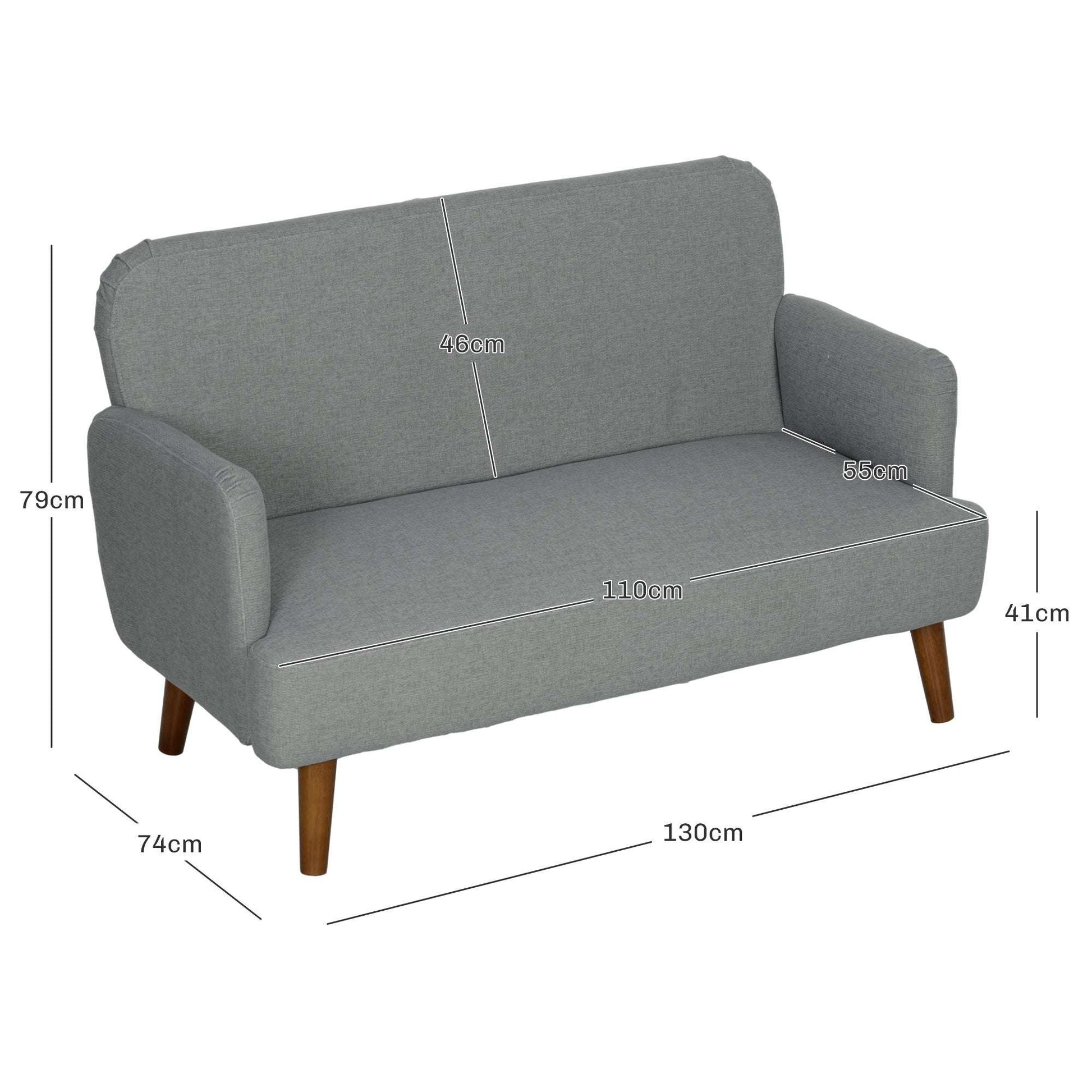 Retro Vintage Style Velvet Feel Fabric 2 Seater Sofa, Small Sofa Loveseat with 21cm Thick Padding and Wood Legs, Grey