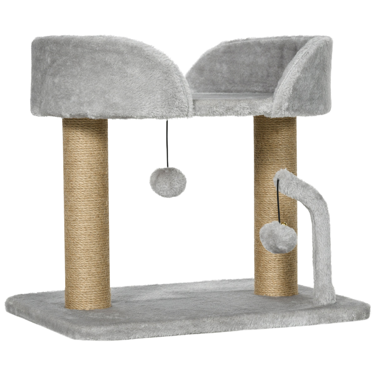 PawHut Designer Cat Tree Scratching Post | Light Grey | 48x38x42cm | 2 Jute Posts | 2 Hanging Pom-Pom Toys | 220g/m² Plush | Observation Platform | E1 Particleboard | Cats Under 5kg