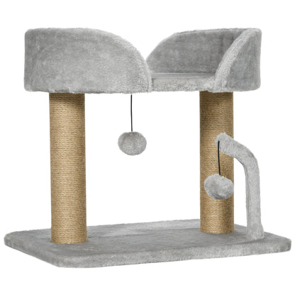 PawHut Designer Cat Tree Scratching Post | Light Grey | 48x38x42cm | 2 Jute Posts | 2 Hanging Pom-Pom Toys | 220g/m² Plush | Observation Platform | E1 Particleboard | Cats Under 5kg