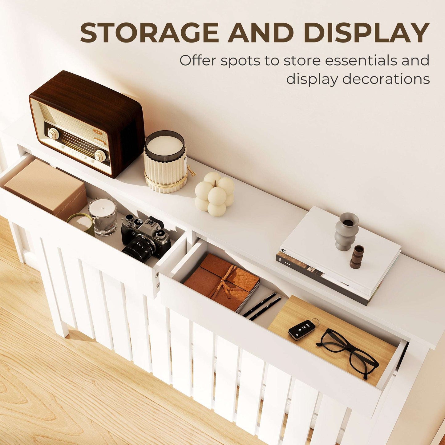 MDF & Particle Board Radiator Cover with 2 Drawers | Vertical Slats | Flat Top Display Surface | Wall Mountable | Pre-Cut Outs | 18kg Capacity | 119x19x93cm | White