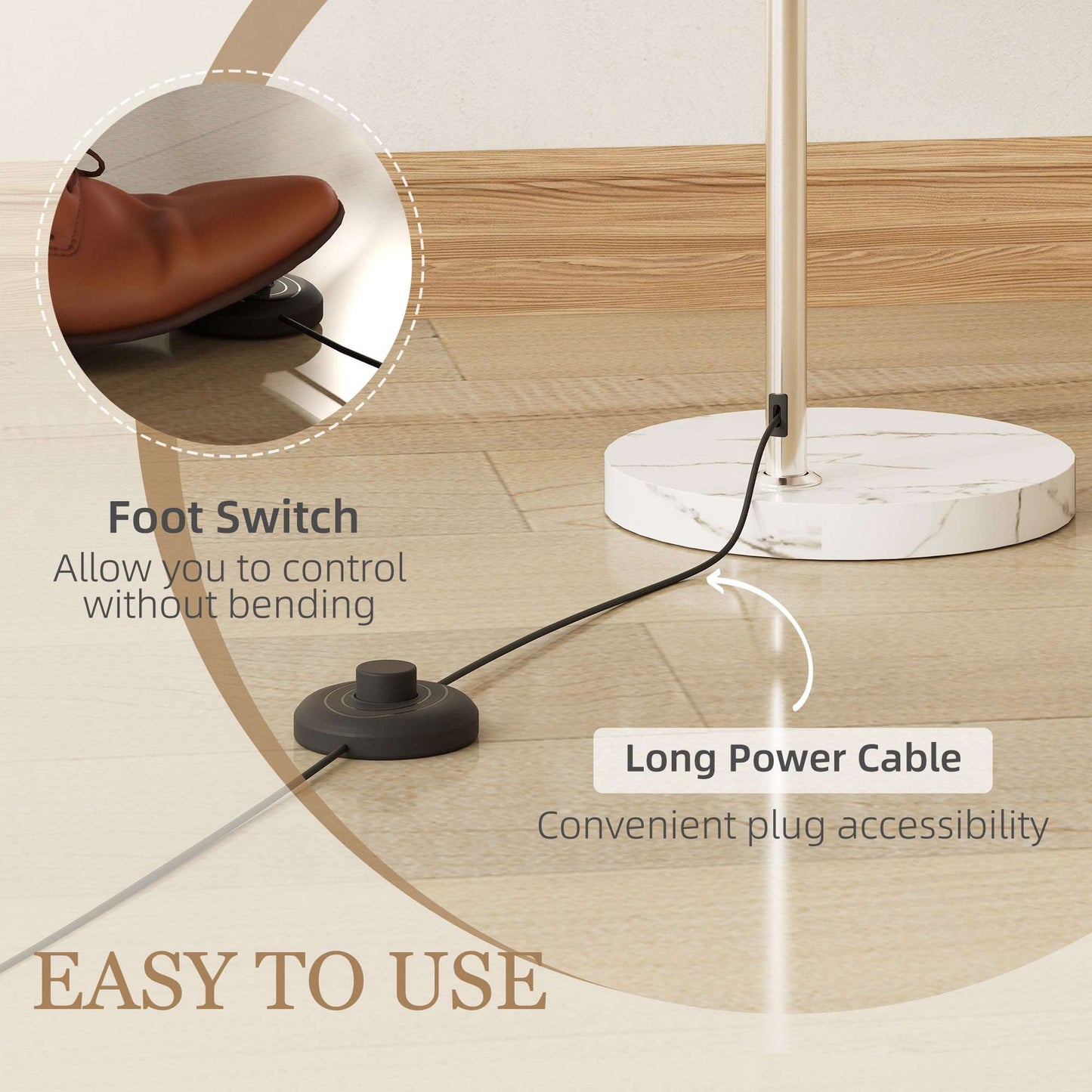 Floor Lamp | Curved Head | Round Shade | Marble Base | Electroplated Nickel Finish | E27 | Foot Switch | 180cm | 40W | White
