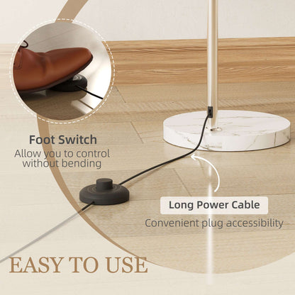 Floor Lamp | Curved Head | Round Shade | Marble Base | Electroplated Nickel Finish | E27 | Foot Switch | 180cm | 40W | White