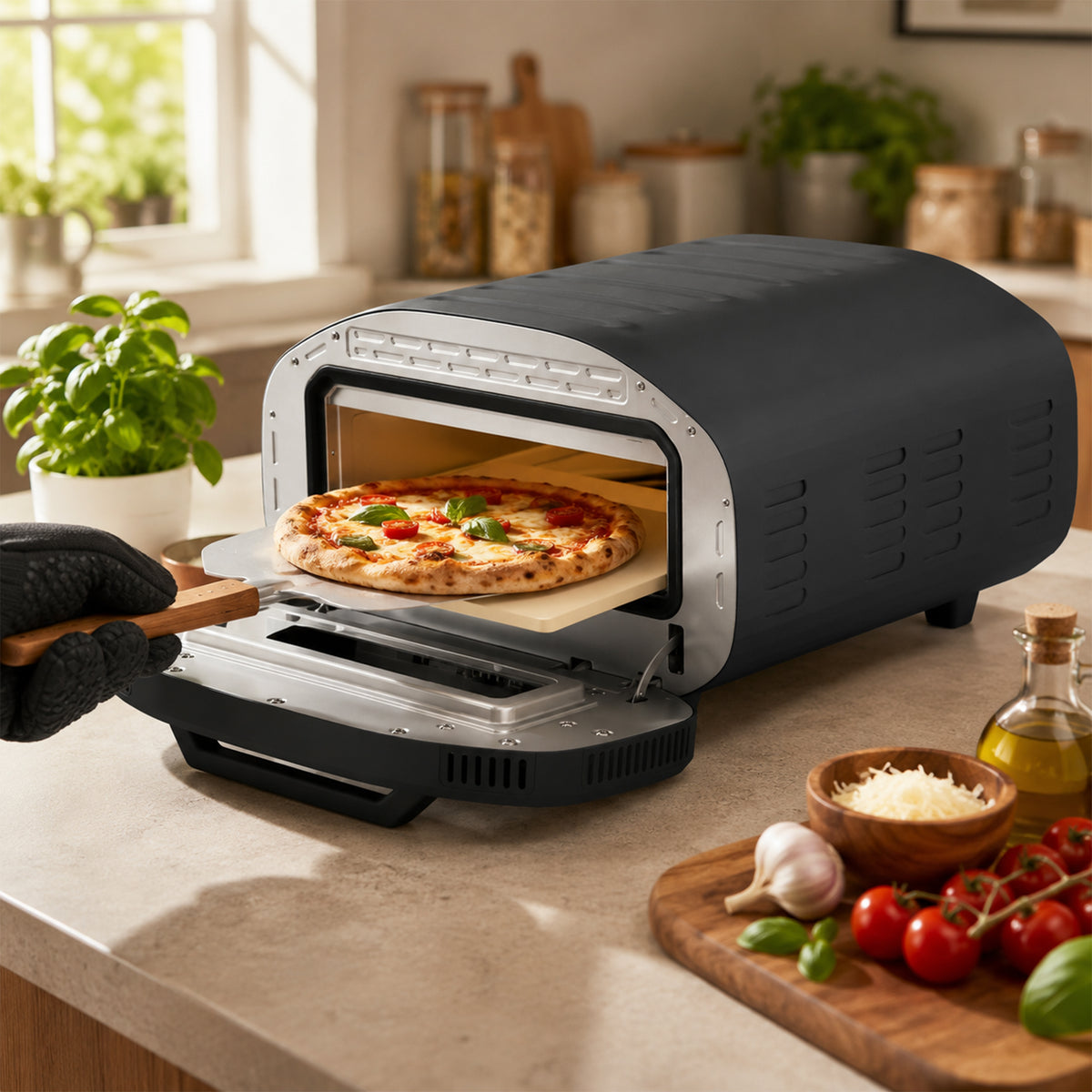 Electric Pizza Oven | 2200W Grey Countertop Pizza Maker with 430°C Ceramic Stone