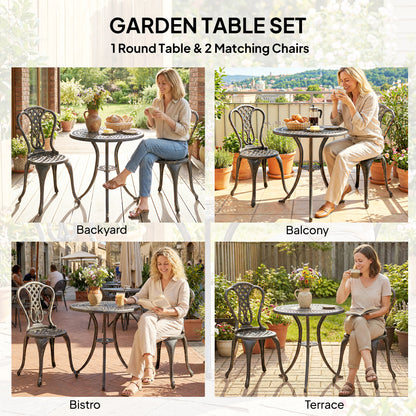 3 Piece Cast Aluminium Garden Bistro Set | Round Table Dia 63cm | Umbrella Hole | 2 Chairs | Rust Proof | Vintage Design | 120kg | Bronze Tone