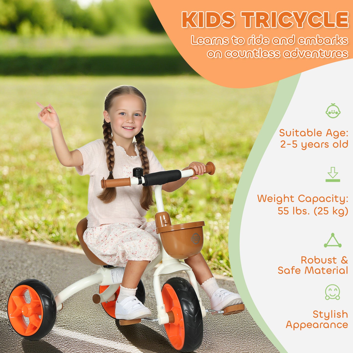 Kids Trike, Toddler Tricycle with Front Basket and EVA Wheels for Ages 2-5 Years, Indoor Outdoor for Boys Girls, Orange / Green
