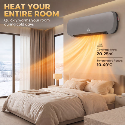 Grey Wall-Mounted Ceramic Heater | 1000W/2000W & Fan Mode | 10–49°C Thermostat | Weekly Timer, LED Display & Remote Control