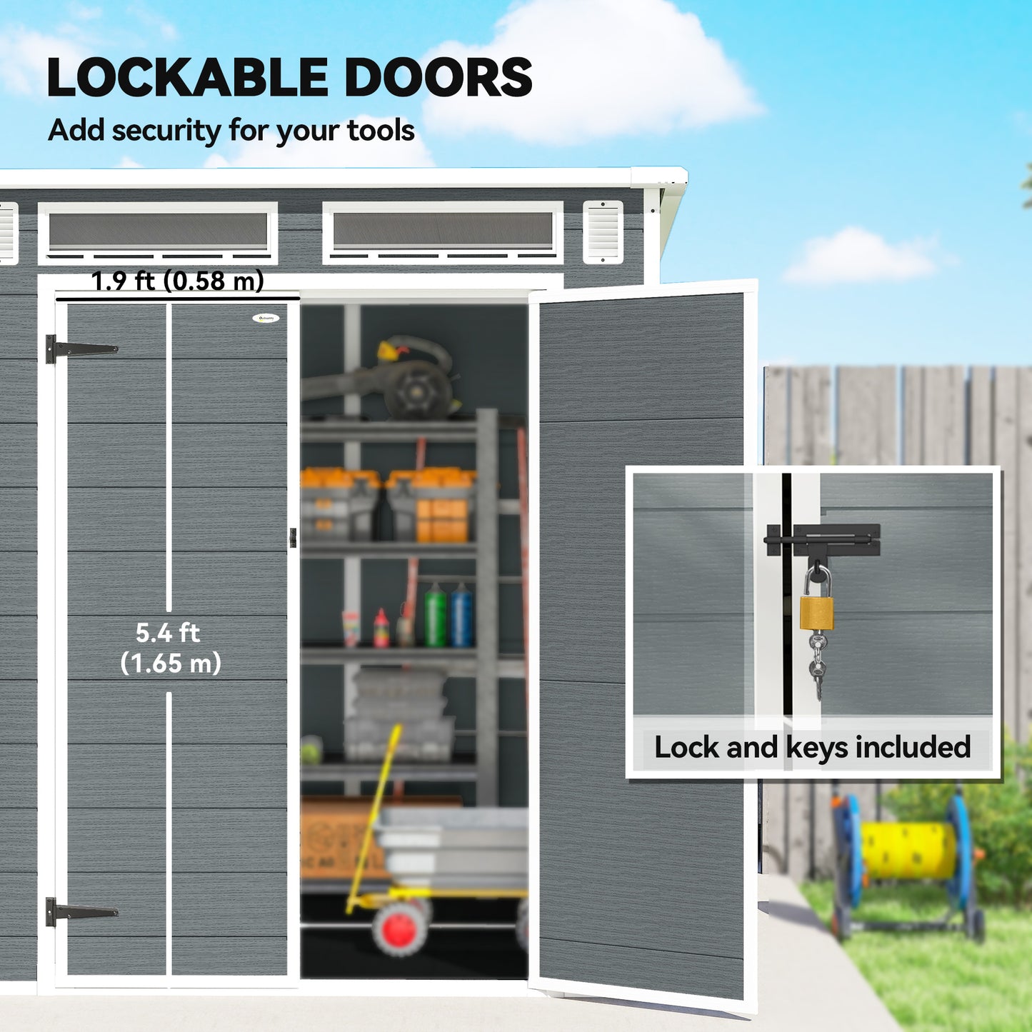 PP & Aluminium Garden Storage Shed with Floor | 3 Windows | Dual Vents | Double Doors | Lock & Keys | UV-Resistant | Water-Repellent | 40kg/m² Snow Load | 182x182x196cm | 2.89m² | Tools Bikes & BBQ | Grey