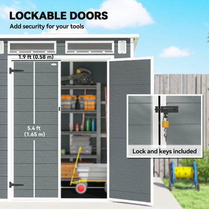 PP & Aluminium Garden Storage Shed with Floor | 3 Windows | Dual Vents | Double Doors | Lock & Keys | UV-Resistant | Water-Repellent | 40kg/m² Snow Load | 182x182x196cm | 2.89m² | Tools Bikes & BBQ | Grey