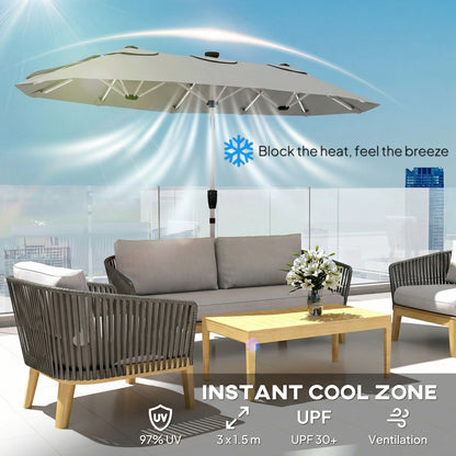 3m Double-Sided Garden Parasol | 12 Solar LED Strips | UPF30+ 180GSM Canopy | 12 Metal Ribs | Vented | Crank Handle | 295cm | Grey
