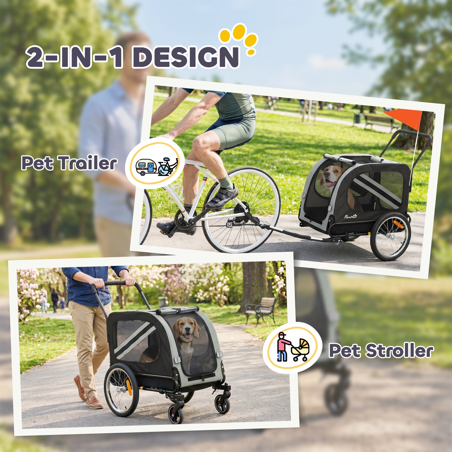 2-in-1 Dog Bike Trailer & Stroller | Mesh Windows | Plastic Curtain | Safety Harness, Flag & Reflectors | Foldable Quick-Release Wheels | Dogs up to 20kg | Grey