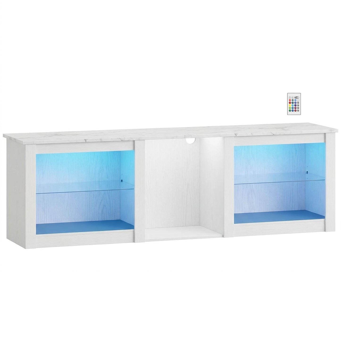 70" TV Stand with RGB LED Lights & Storage – 16 Modes, 7 Colours, 5 Compartments, Adjustable Glass Shelves, Cable Management, Marble-Effect Top – White