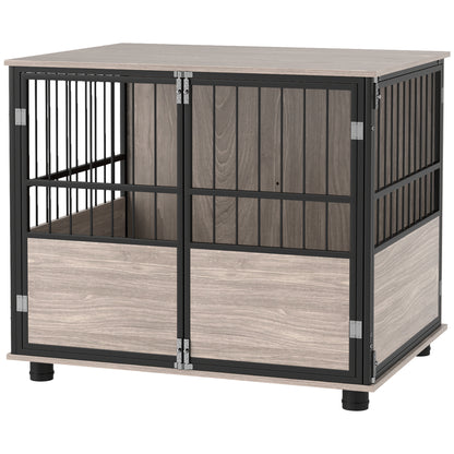 Dog Crate Furniture Side Table | 3 Doors | Washable Cushion | Steel Bar Ventilation | Dogs up to 20kg | 80 x 60 x 68cm | Walnut & Black