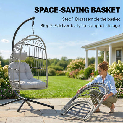 Hanging Egg Chair with Stand | 15cm Cushion, Headrest & Safety Strap | Foldable | 120kg | Light Grey