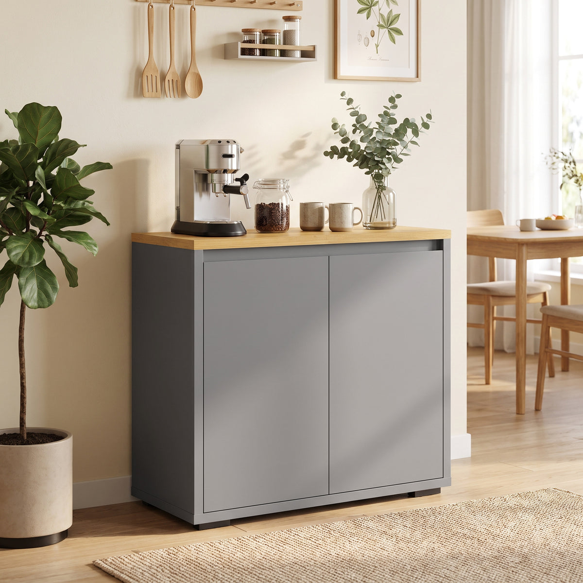 Grey Sideboard Storage Cabinet | 80 cm Wood-Effect Top with Double Doors & Adjustable Shelf | Kitchen, Living Room & Entryway Furniture