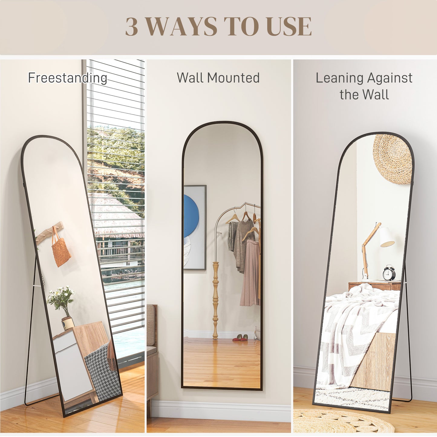 Full Length Mirror, 162x50cm Arched Free Standing Floor Mirror with Aluminium Alloy Frame, Hanging or Leaning for Living Room, Bedroom, Black Frame