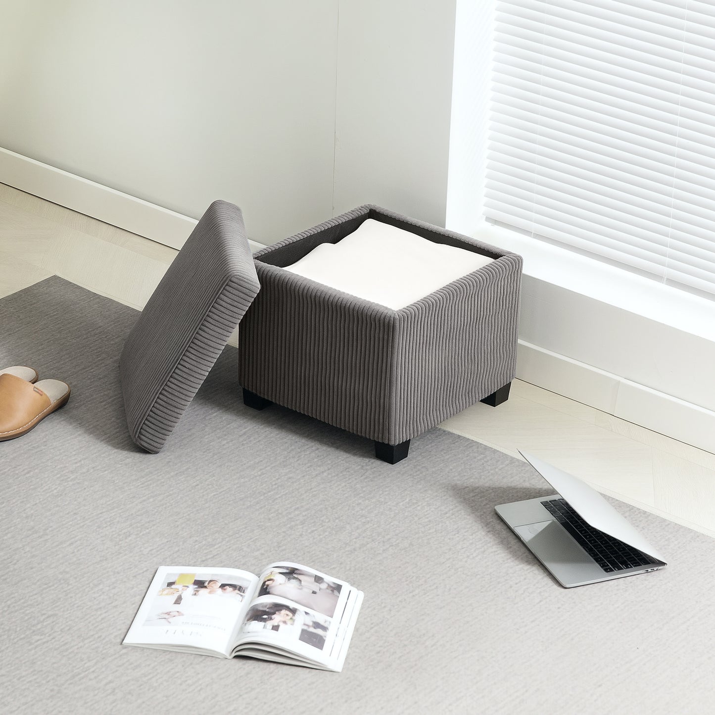 Storage Ottoman Bench, Corduroy Footstool with Removable Lid and Legs, 40cm Storage Chest Box for Living Room, Bedroom, Hallway, Grey