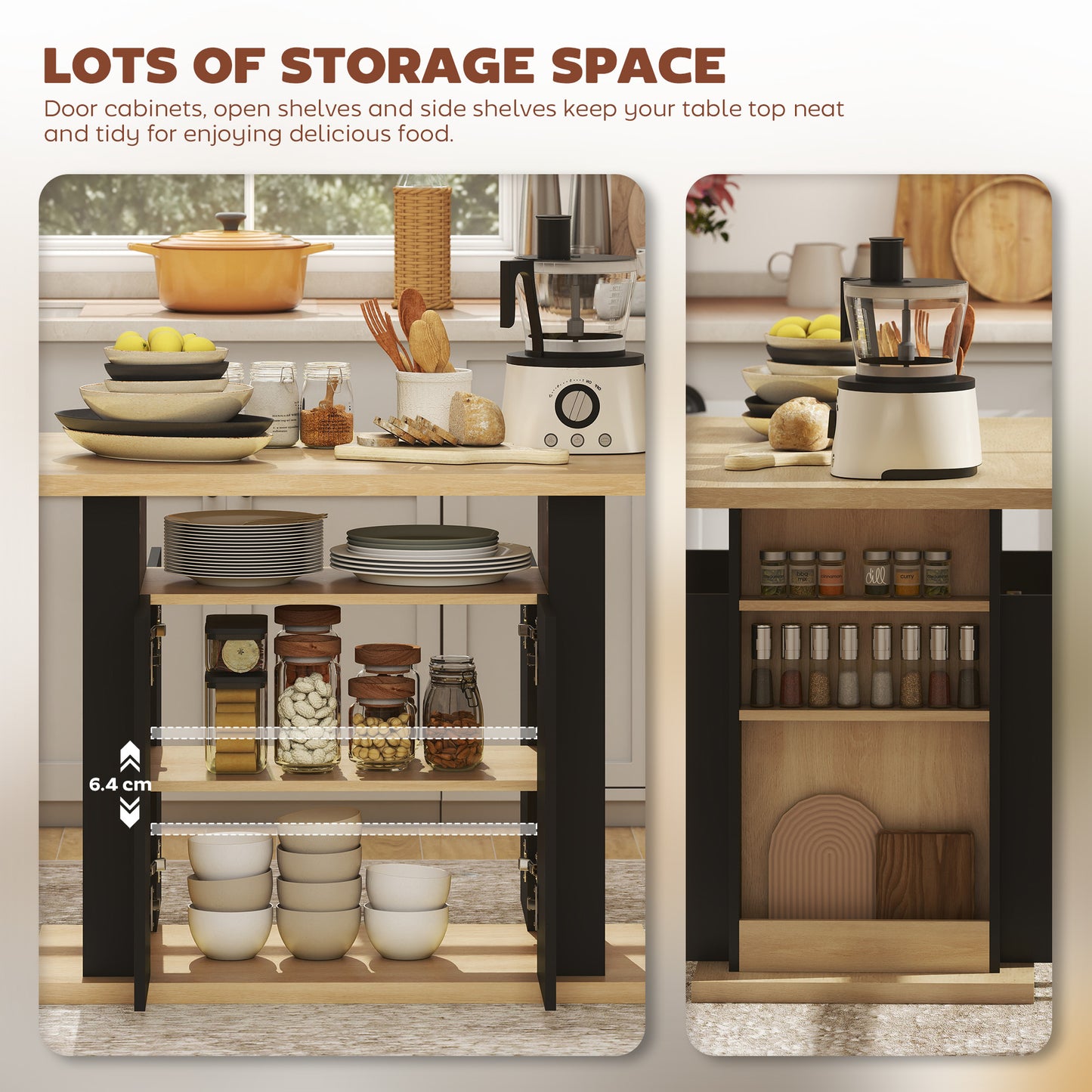 Kitchen Island with Storage Cabinets & Spice Rack | 4-Person Tabletop | Adjustable Shelves | Black & Natural Wood