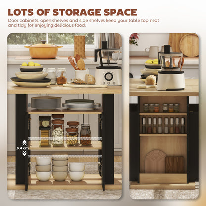 Kitchen Island with Storage Cabinets & Spice Rack | 4-Person Tabletop | Adjustable Shelves | Black & Natural Wood