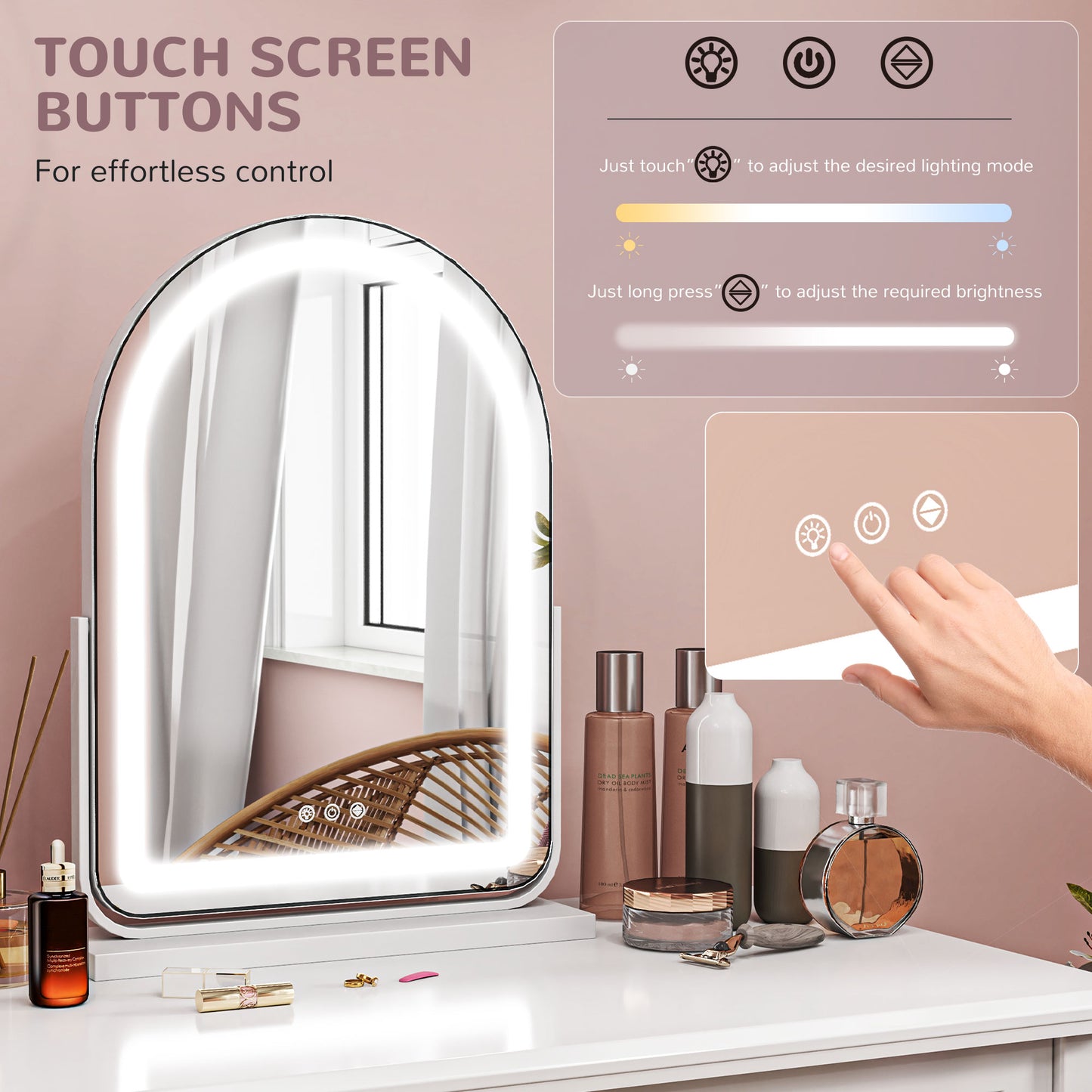 LED Vanity Mirror with Lights, 43 x 59cm Lighted Makeup Mirror with 3 Colour, 360° Rotation, Touch Screen, White