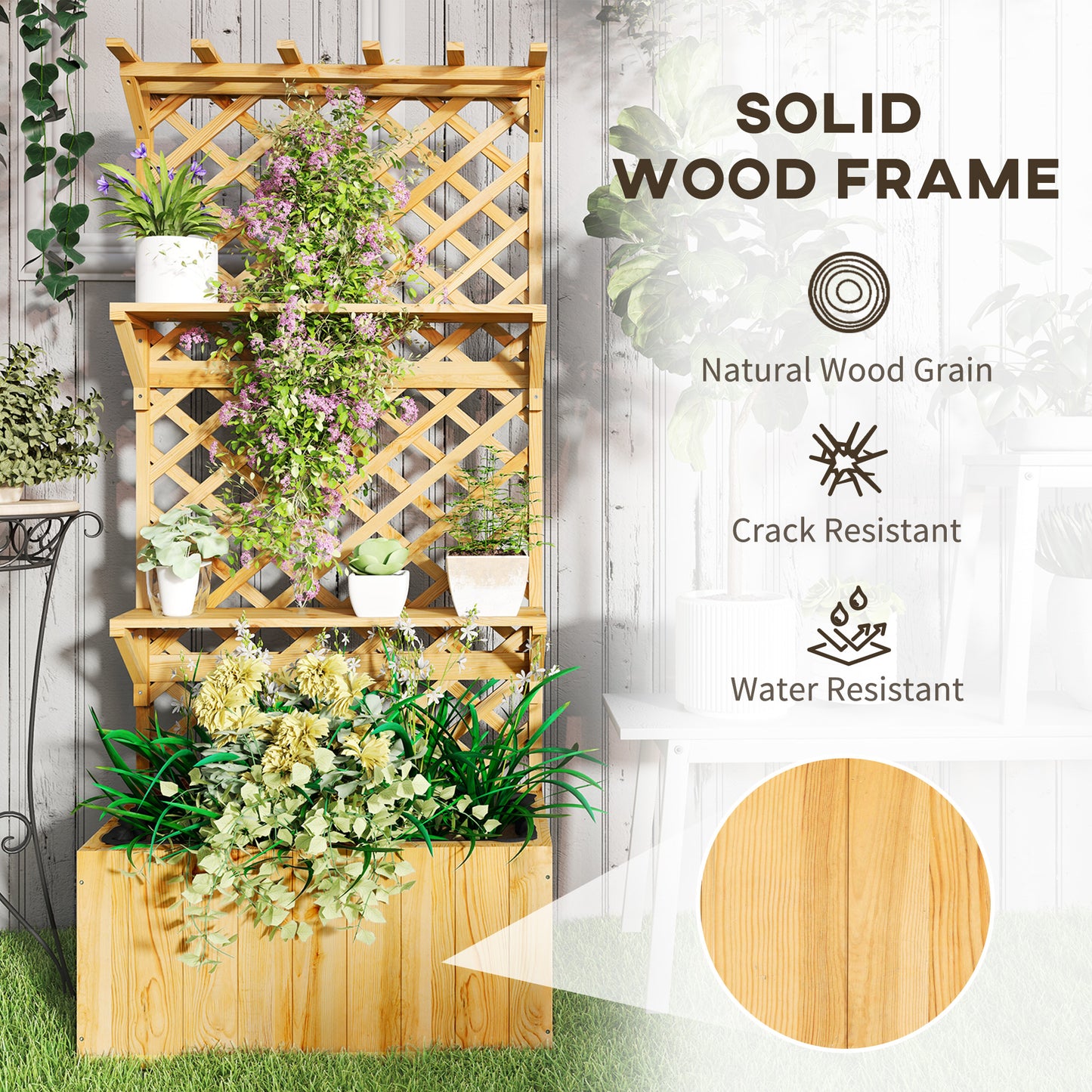 Fir Wood Planter with Tall Trellis Roof & Upper Shelf | 52L | 70x24cm Planting Area | Fabric Liner & Drainage Holes | 50kg | 76x33x177cm | Climbing Plants | Natural Wood Finish
