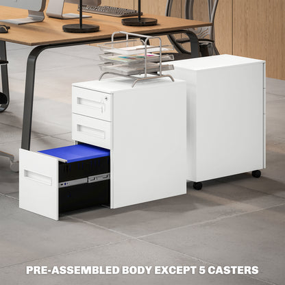 3 Drawer Slim Mobile Steel Filing Cabinet | Under Desk | 30x43.5x60cm | Lockable | A4 Legal Letter | 3 Compartment Pencil Tray | 4 Wheels | Pre-Assembled | 30kg | White