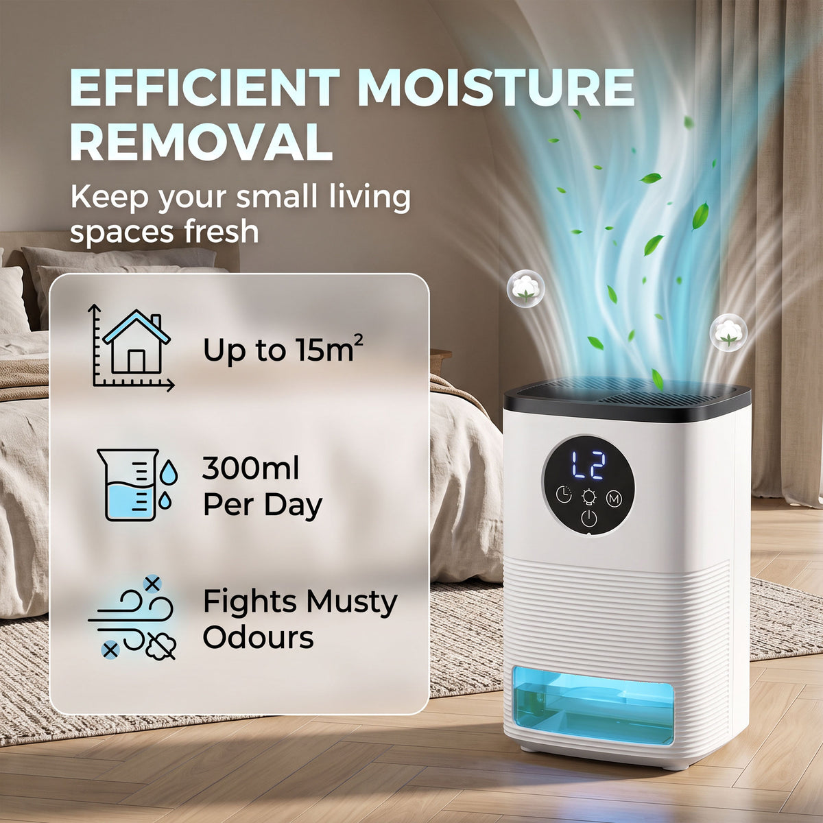 300ml/Day Small Dehumidifier | 1.4L Tank (133hrs) | 7-Colour RGB Mood Light | 43dB Sleep Mode | 4–24H Timer | LED Touch Panel | Auto Shut-Off & Defrost | 15m² | ABS | 15.2x13.5x24cm | White